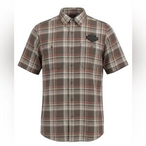 HARLEY DAVIDSON MENS SHORT SLEEVE BUTTON DOWN SHIRT BROWN CHECK STRIPE SIZE L
